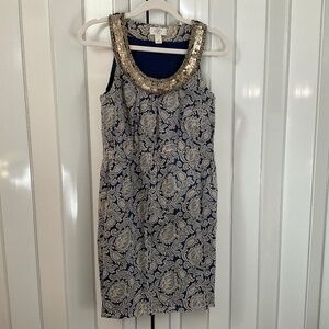 Ann Taylor LOFT Blue and Ivory Damask Patterned Dress with Gold Accent